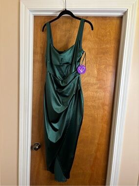 Windsor Emerald Green Satin Midi Dress with Draped Front